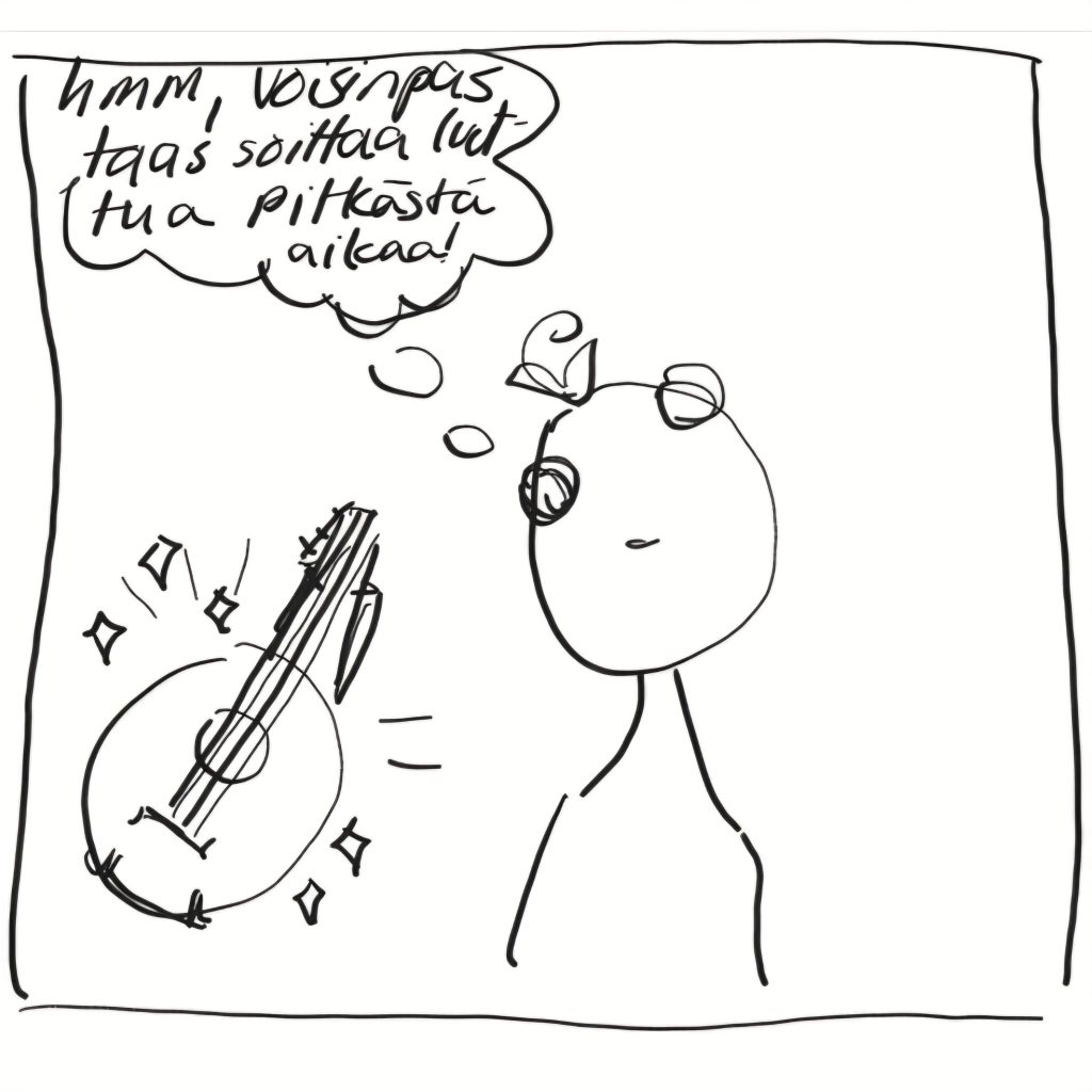 Sarjakuvan ensimmäinen ruutu: tikku-ukko, jolla on päässään rusetti. Hahmo katsoo kohti houkuttelevasti säihkyvää luuttua, ja ajatuskuplassa teksti: "Hmm, voisinpas taas soittaa luuttua pitkästä aikaa!"