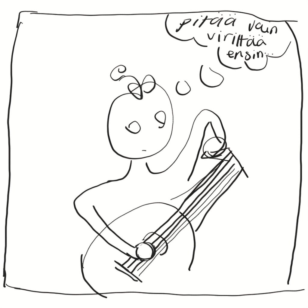 Toinen ruutu. Tikku-ukko pitelee luuttua käsissään ja ajattelee "Pitää vaan virittää ensin..."