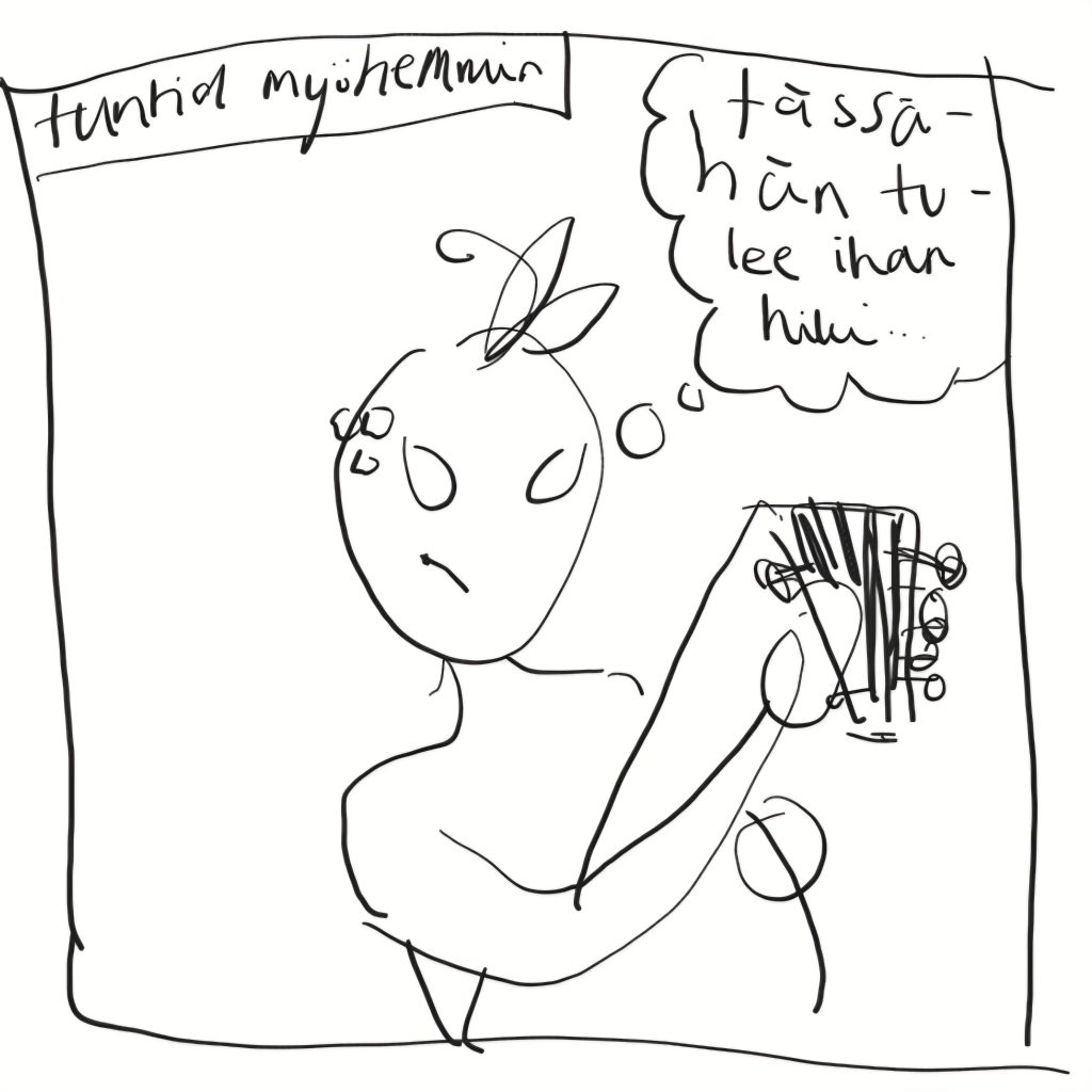 Kolmas ruutu. Yläkulmassa teksti "Tuntia myöhemmin". Tikku-ukko virittää luuttua ja ajatuskuplassa "Tässähän tulee ihan hiki..."