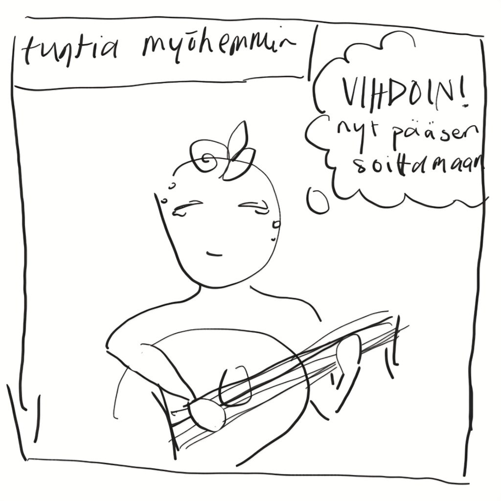 Neljäs ruutu. Yläkulmassa teksti "Tuntia myöhemmin".Tikku-ukko hymyilee ja soittaa luuttua. Ajatuskuplassa: "Vihdoin! Nyt pääsen soittamaan".