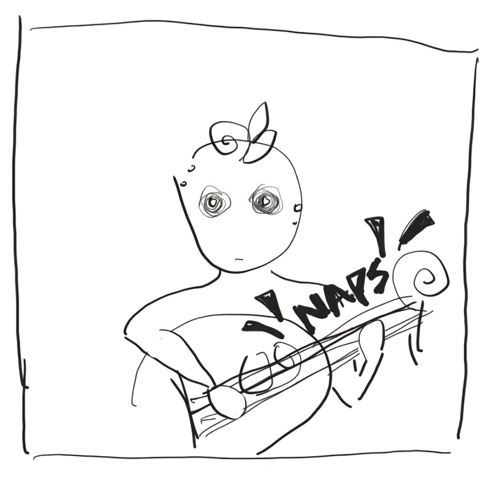 Viides ruutu. Tikku-ukko soittaa luuttua, oikealta kuuluu "snaps!" -ääni, kieli katkeaa. Hahmo näyttää yllättyneeltä tai hämmentyneeltä.