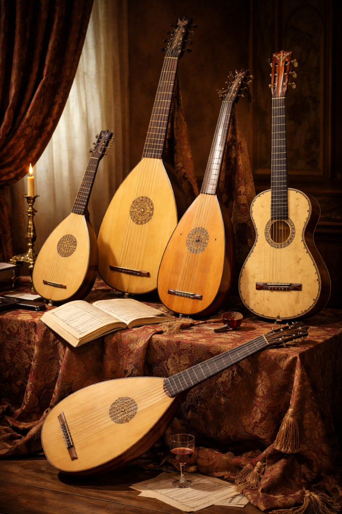 Kuvassa on viisi vanhanaikaista, pääosin puisista materiaaleista valmistettua kielisoitinta, jotka muistuttavat luuttuja ja varhaisia klassisia kitaroita. Soittimet on asetettu koristeelliselle, ruskeanpunaista kankaan verhoilemalle pöydälle. Pöydälle on asetettu myös avonainen nuottikirja, viinilasi ja pieni kupillinen juomaa, sekä yksittäinen nuottilehti pöydän eteen. Vasemmalla puolella palaa yksinäinen kynttilä vanhanaikaisessa kynttilänjalassa, luoden lämpimän ja tunnelmallisen valaistuksen huoneeseen. Taustalla näkyy verhot ja vanhanaikaiset seinäpaneelit, jotka vahvistavat historiallisen ja intiimin musiikkihetken tuntua.